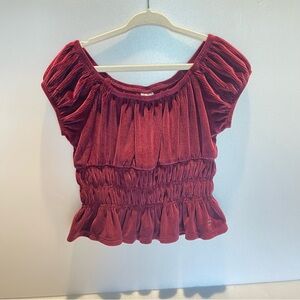 Kids Justice Burgundy Maroon Ribbed Velvet Roused Smocked Peplum Blouse- XS 5/6